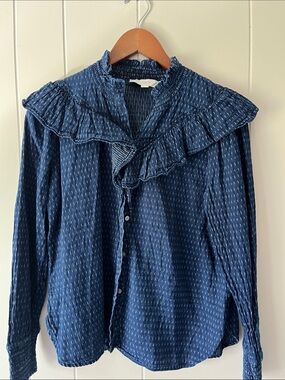 Navy Ruffle Collar Button-Down Blouse
